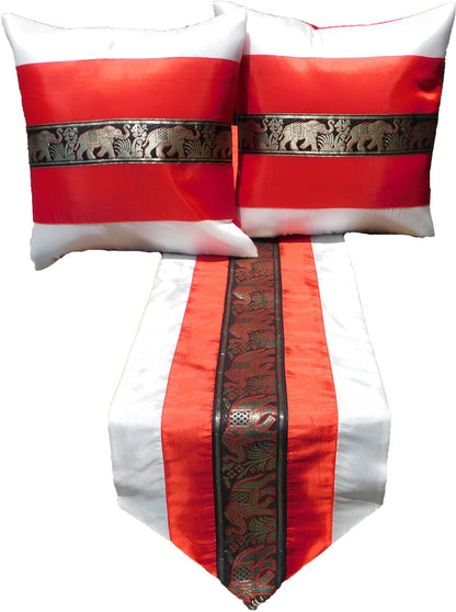 Housse de coussin et chemin de table SET 3 pièces bicolore éléphant bordure anniversaire mariage fête salon cuisine nappe hôtel Thai soie Thai Silk