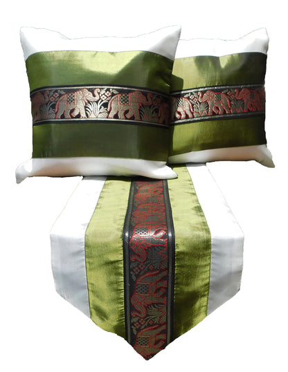 Housse de coussin et chemin de table SET 3 pièces bicolore éléphant bordure anniversaire mariage fête salon cuisine nappe hôtel Thai soie Thai Silk