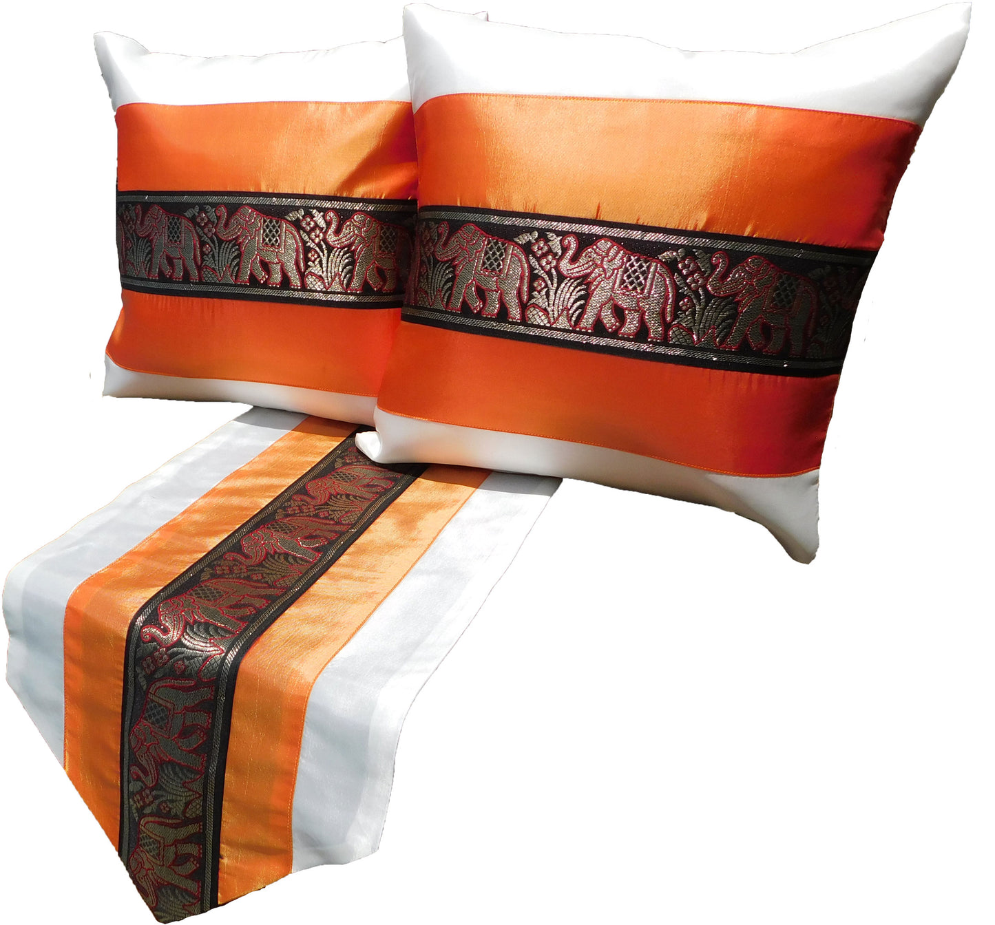 Housse de coussin et chemin de table SET 3 pièces bicolore éléphant bordure anniversaire mariage fête salon cuisine nappe hôtel Thai soie Thai Silk