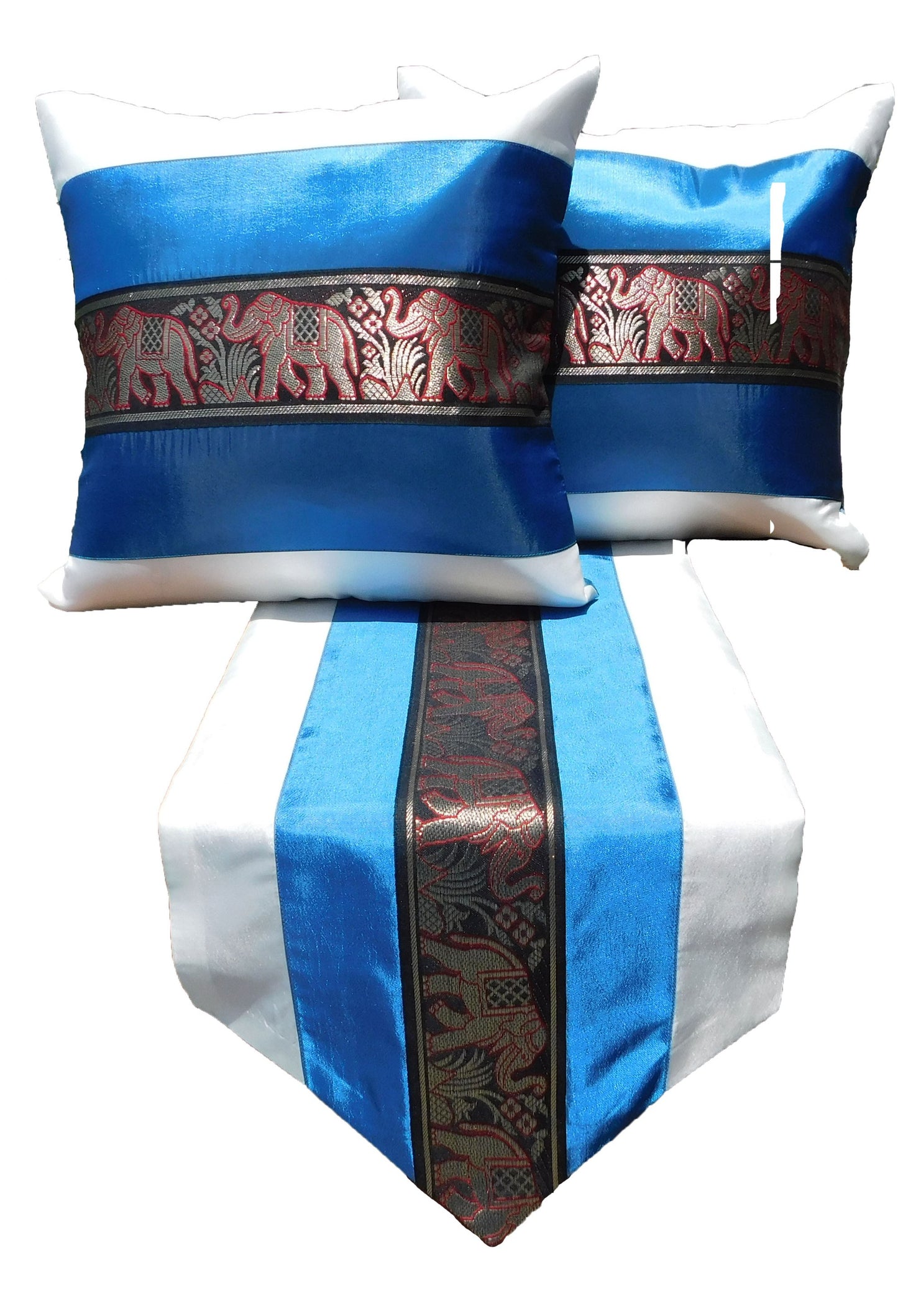 Housse de coussin et chemin de table SET 3 pièces bicolore éléphant bordure anniversaire mariage fête salon cuisine nappe hôtel Thai soie Thai Silk