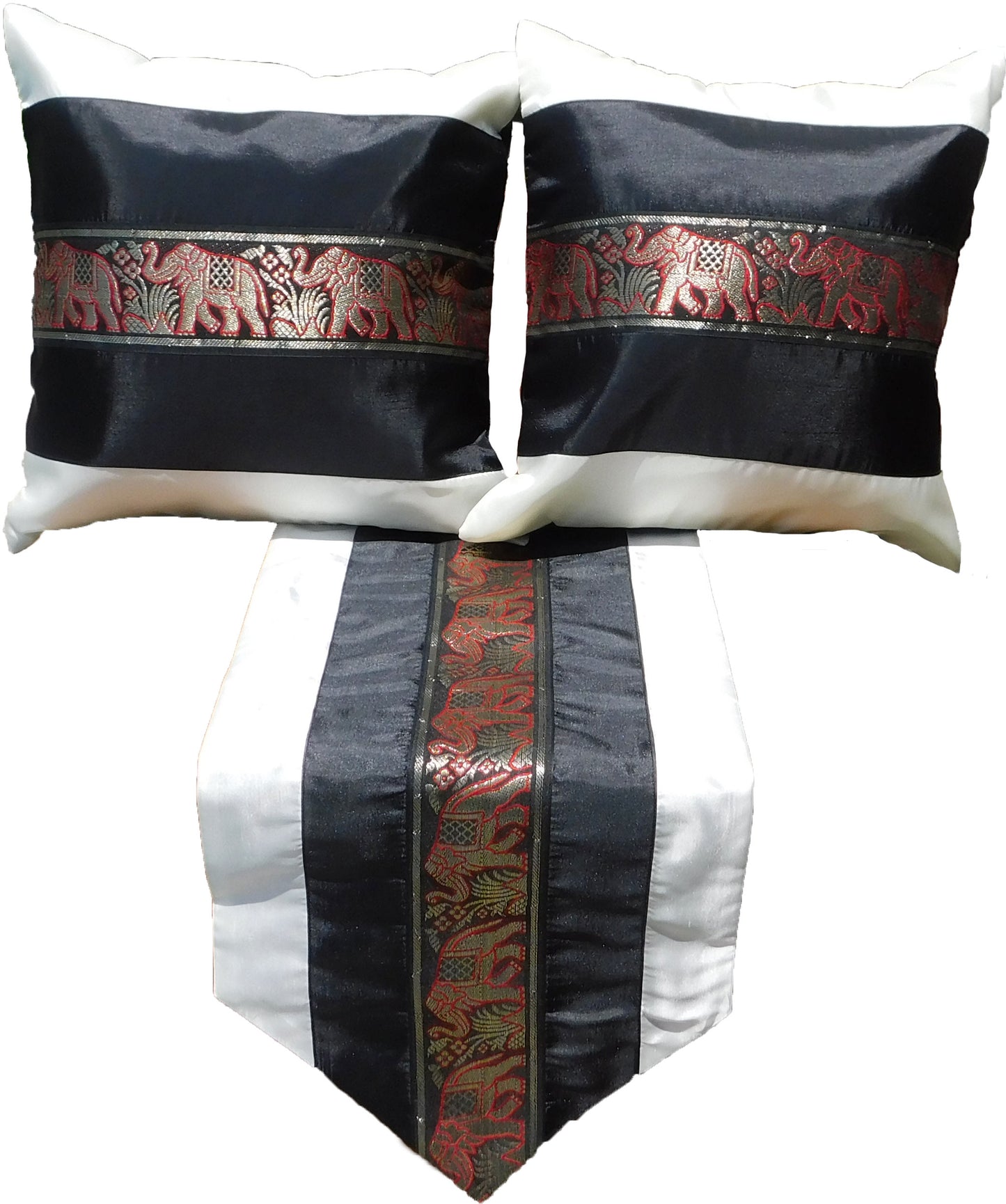 Housse de coussin et chemin de table SET 3 pièces bicolore éléphant bordure anniversaire mariage fête salon cuisine nappe hôtel Thai soie Thai Silk
